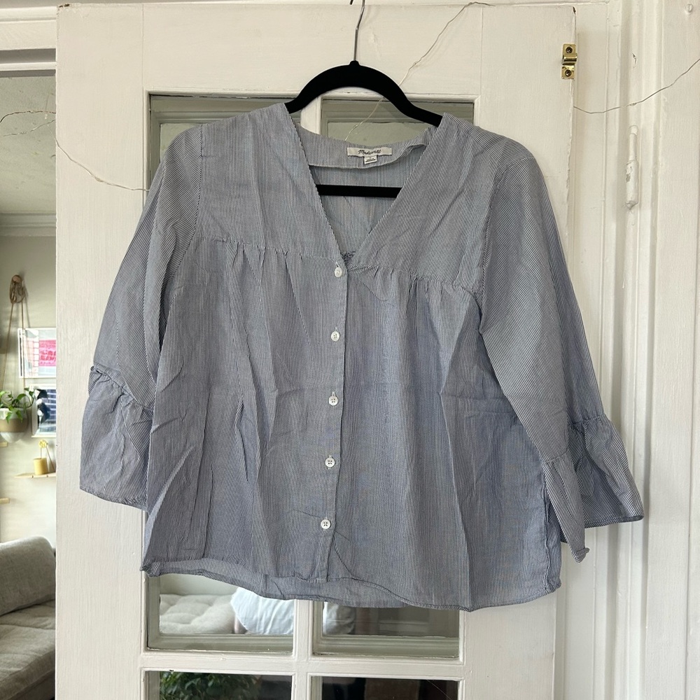 pinstripe button down with v-neck and flowy sleeve
